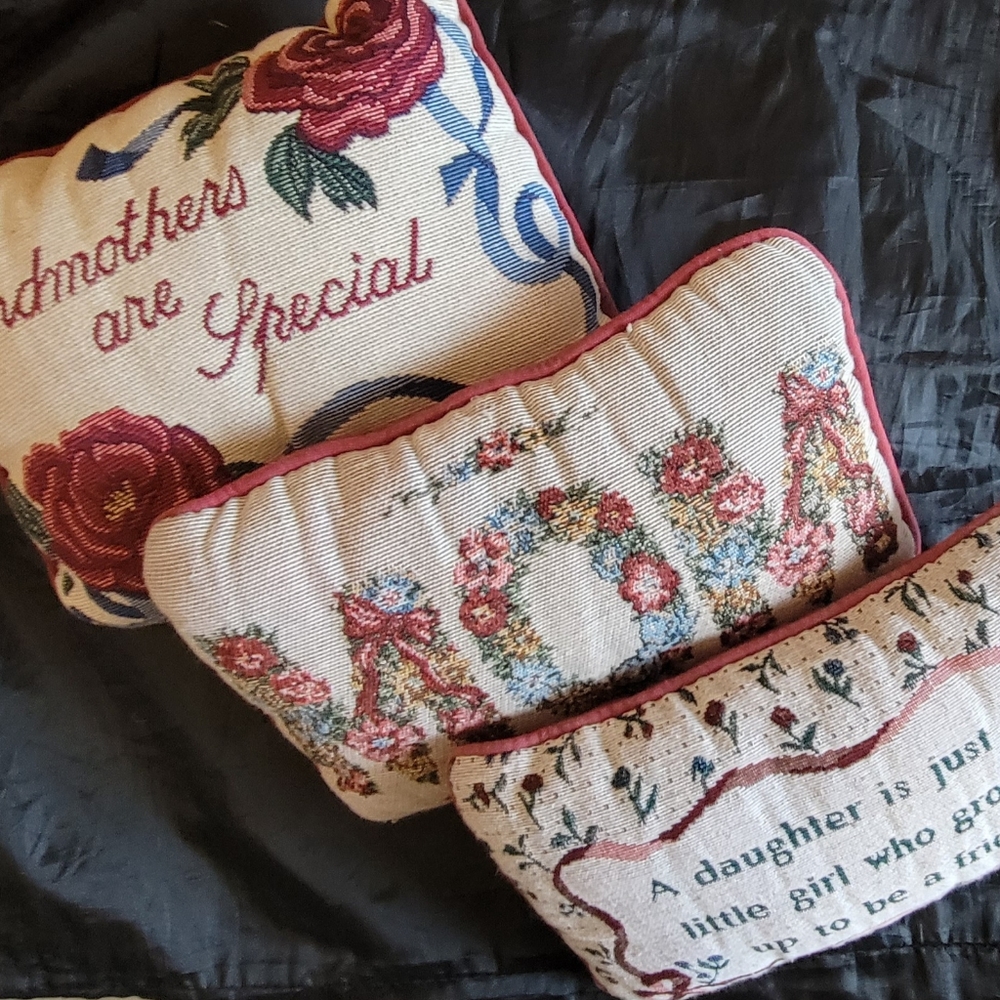 Vintage Grandmother Mom Daughter Cross-Stitched Decorative Pillows, Set of 3